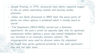  Joseph Priestly, in 1774, discovered that plants replenish oxygen
in the air which respiratory animals and burning candl...