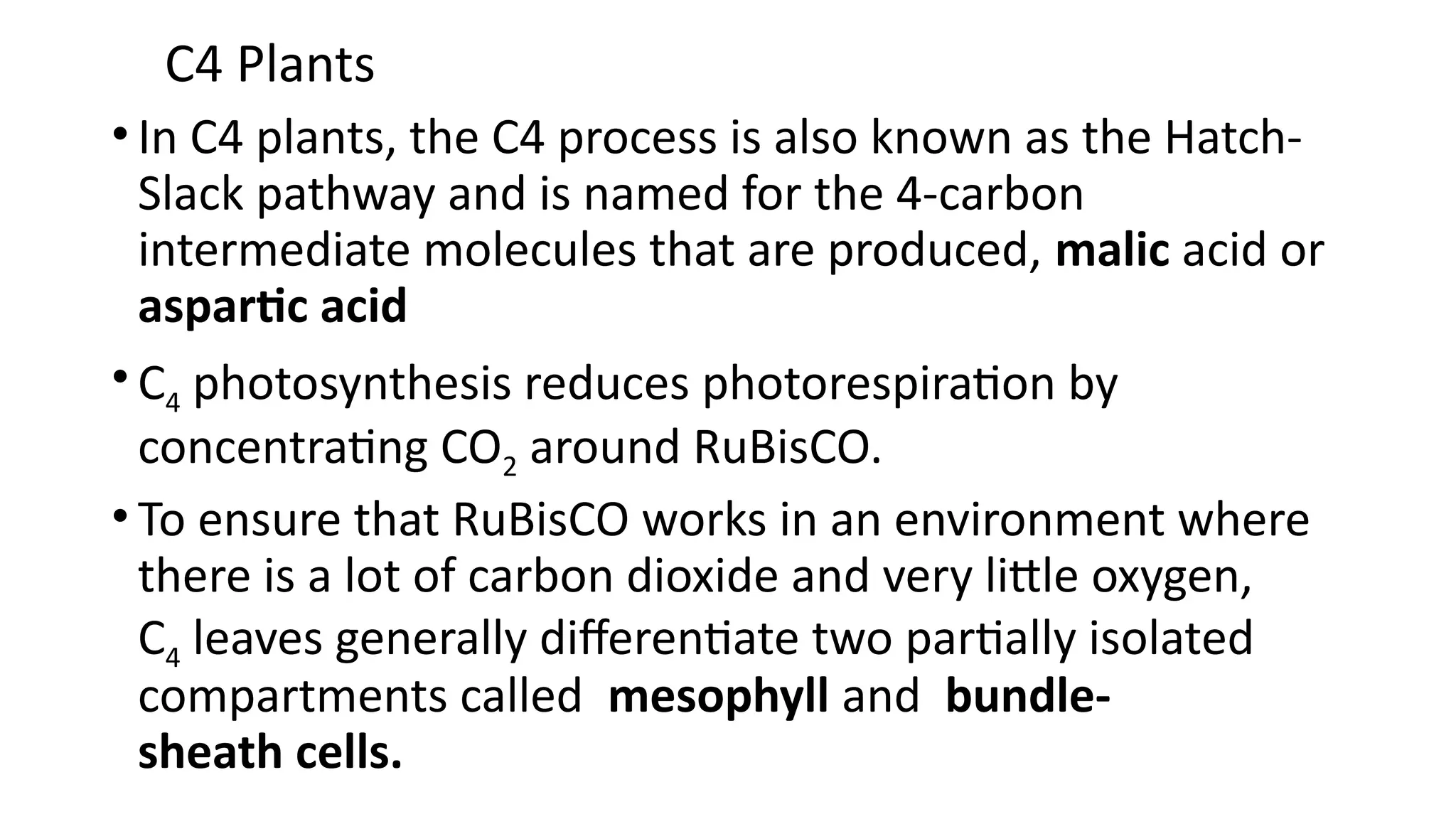 C4 Plants
• In C4 plants, the C4 process is also known as the Hatch-
Slack pathway and is named for the 4-carbon
intermediate molecules that are produced, malic acid or
aspartic acid
• C4 photosynthesis reduces photorespiration by
concentrating CO2 around RuBisCO.
• To ensure that RuBisCO works in an environment where
there is a lot of carbon dioxide and very little oxygen,
C4 leaves generally differentiate two partially isolated
compartments called mesophyll and bundle-
sheath cells.
 