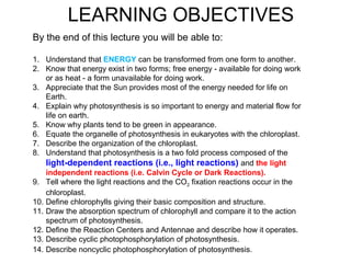 By the end of this lecture you will be able to:
1. Understand that ENERGY can be transformed from one form to another.
2. Know that energy exist in two forms; free energy - available for doing work
or as heat - a form unavailable for doing work.
3. Appreciate that the Sun provides most of the energy needed for life on
Earth.
4. Explain why photosynthesis is so important to energy and material flow for
life on earth.
5. Know why plants tend to be green in appearance.
6. Equate the organelle of photosynthesis in eukaryotes with the chloroplast.
7. Describe the organization of the chloroplast.
8. Understand that photosynthesis is a two fold process composed of the
light-dependent reactions (i.e., light reactions) and the light
independent reactions (i.e. Calvin Cycle or Dark Reactions).
9. Tell where the light reactions and the CO2 fixation reactions occur in the
chloroplast.
10. Define chlorophylls giving their basic composition and structure.
11. Draw the absorption spectrum of chlorophyll and compare it to the action
spectrum of photosynthesis.
12. Define the Reaction Centers and Antennae and describe how it operates.
13. Describe cyclic photophosphorylation of photosynthesis.
14. Describe noncyclic photophosphorylation of photosynthesis.
LEARNING OBJECTIVES
 