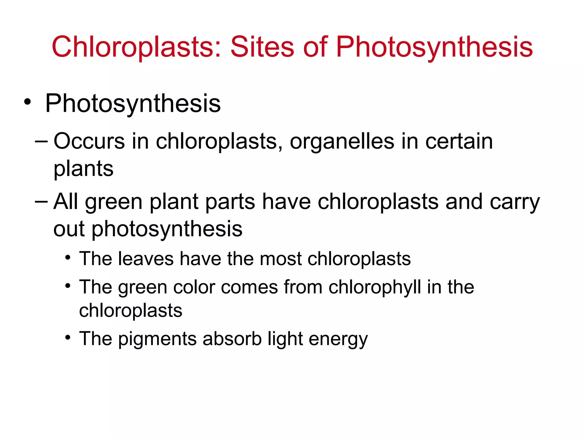 Chloroplasts: Sites of Photosynthesis
• Photosynthesis
– Occurs in chloroplasts, organelles in certain
plants
– All green plant parts have chloroplasts and carry
out photosynthesis
• The leaves have the most chloroplasts
• The green color comes from chlorophyll in the
chloroplasts
• The pigments absorb light energy
 