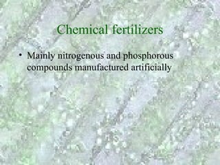 Chemical fertilizers
• Mainly nitrogenous and phosphorous
  compounds manufactured artificially
 