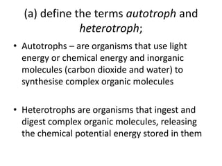 (a) define the terms autotroph and 
heterotroph; 
• Autotrophs – are organisms that use light 
energy or chemical energy and inorganic 
molecules (carbon dioxide and water) to 
synthesise complex organic molecules 
• Heterotrophs are organisms that ingest and 
digest complex organic molecules, releasing 
the chemical potential energy stored in them 
 