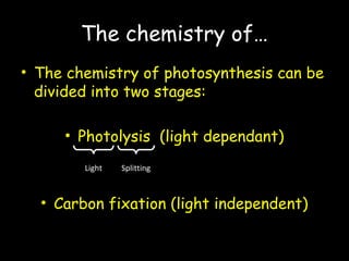 The chemistry of…
• The chemistry of photosynthesis can be
divided into two stages:
• Photolysis (light dependant)
• Carbon fixation (light independent)
Light Splitting
 