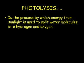 PHOTOLYSIS…..
• Is the process by which energy from
sunlight is used to split water molecules
into hydrogen and oxygen.
 