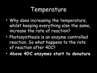 Temperature
• Why does increasing the temperature,
whilst keeping everything else the same,
increase the rate of reaction?
• Photosynthesis is an enzyme controlled
reaction. So what happens to the rate
of reaction after 40C?
• Above 40o
C enzymes start to denature
 