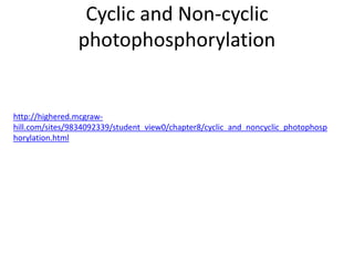 Cyclic and Non-cyclic
photophosphorylation
http://highered.mcgraw-
hill.com/sites/9834092339/student_view0/chapter8/cyclic_and_noncyclic_photophosp
horylation.html
 