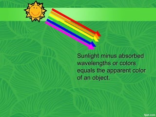 Sunlight minus absorbed
wavelengths or colors
equals the apparent color
of an object.
 
