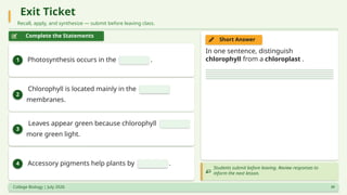 Exit Ticket
Recall, apply, and synthesize — submit before leaving class.
Complete the Statements
1 Photosynthesis occurs in the .
2
Chlorophyll is located mainly in the
membranes.
3
Leaves appear green because chlorophyll
more green light.
4 Accessory pigments help plants by .
Short Answer
In one sentence, distinguish
chlorophyll from a chloroplast .
Students submit before leaving. Review responses to
inform the next lesson.
College Biology | July 2026 23
 