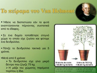  Ήθελε να διαπιστώσει εάν τα φυτά 
αναπτύσσονται πέρνοντας συστατικά 
από το έδαφος. 
 Σε ένα δοχείο τοποθέτησε στεγνό 
χώμα το οποίο είχε ζυγίσει και φύτεψε 
ένα δενδρύλλιο. 
 Πότιζε το δενδρύλλιο τακτικά για 5 
χρόνια. 
Μετά από 5 χρόνια: 
 Το δενδρύλλιο είχε γίνει μικρό 
δέντρο που ζύγιζε 75 kg. 
 H μάζα του χώματος παρέμεινε 
περίπου η ίδια. 
 