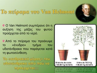 Ο Van Helmont συμπέρανε ότι η 
αυξηση της μάζας του φυτού 
προέρχεται από το νερό. 
Από το πείραμα του προέκυψε 
το «ένυδρο» τμήμα του 
υδατάνθρακα που παράγεται κατά 
τη φωτοσύνθεση. 
 