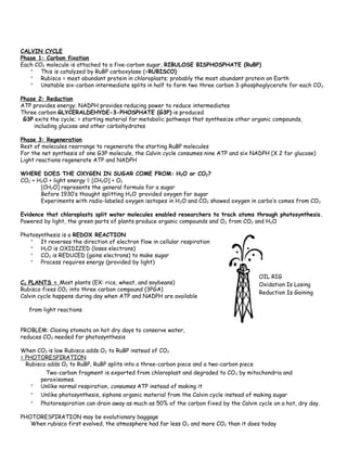 CALVIN CYCLE
Phase 1: Carbon fixation
Each CO2 molecule is attached to a five-carbon sugar, RIBULOSE BISPHOSPHATE (RuBP)
   ° This is catalyzed by RuBP carboxylase (=RUBISCO)
   ° Rubisco = most abundant protein in chloroplasts; probably the most abundant protein on Earth
   ° Unstable six-carbon intermediate splits in half to form two three carbon 3-phosphoglycerate for each CO 2

Phase 2: Reduction
ATP provides energy; NADPH provides reducing power to reduce intermediates
Three carbon GLYCERALDEHYDE-3-PHOSPHATE (G3P) is produced
 G3P exits the cycle; = starting material for metabolic pathways that synthesize other organic compounds,
    including glucose and other carbohydrates

Phase 3: Regeneration
Rest of molecules rearrange to regenerate the starting RuBP molecules
For the net synthesis of one G3P molecule, the Calvin cycle consumes nine ATP and six NADPH (X 2 for glucose)
Light reactions regenerate ATP and NADPH

WHERE DOES THE OXYGEN IN SUGAR COME FROM: H2O or CO2?
CO2 + H2O + light energy ◊ [CH2O] + O2
       [CH2O] represents the general formula for a sugar
       Before 1930’s thought splitting H2O provided oxygen for sugar
       Experiments with radio-labeled oxygen isotopes in H2O and CO2 showed oxygen in carbo’s comes from CO 2

Evidence that chloroplasts split water molecules enabled researchers to track atoms through photosynthesis.
Powered by light, the green parts of plants produce organic compounds and O2 from CO2 and H2O

Photosynthesis is a REDOX REACTION
   ° It reverses the direction of electron flow in cellular respiration
   ° H2O is OXIDIZED (loses electrons)
   ° CO2 is REDUCED (gains electrons) to make sugar
   ° Process requires energy (provided by light)

                                                                                        OIL RIG
C3 PLANTS = Most plants (EX: rice, wheat, and soybeans)                                 Oxidation Is Losing
Rubisco fixes CO2 into three carbon compound (3PGA)
                                                                                        Reduction Is Gaining
Calvin cycle happens during day when ATP and NADPH are available

   from light reactions


PROBLEM: Closing stomata on hot dry days to conserve water,
reduces CO2 needed for photosynthesis

When CO2 is low Rubisco adds O2 to RuBP instead of CO2
= PHOTORESPIRATION
  Rubisco adds O2 to RuBP, RuBP splits into a three-carbon piece and a two-carbon piece
         Two-carbon fragment is exported from chloroplast and degraded to CO 2 by mitochondria and
       peroxisomes.
    ° Unlike normal respiration, consumes ATP instead of making it
    ° Unlike photosynthesis, siphons organic material from the Calvin cycle instead of making sugar
    ° Photorespiration can drain away as much as 50% of the carbon fixed by the Calvin cycle on a hot, dry day.

PHOTORESPIRATION may be evolutionary baggage
   When rubisco first evolved, the atmosphere had far less O 2 and more CO2 than it does today
 