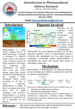 Introduction to Photosynthesis
Abhinav Baranwal
( Roll No. 202110902120035 )
Faculty of Biosciences, Institute of Biosciences and Technology, Shri
RamswaroopMemorial University, Lucknow – Deva Road, Barabanki,
UP, India, 225003
Email: baranwa9abhinav@gmail.com
Introduction
Mechanism
Pigments Involved
Photosynthesis is a light
energy trapping process in
which the energy of sunlight
is transduces to chemical
energy which is the ultimate
source of food for almost all
living organisms. The energy
rich compounds like
carbohydrates are formed
from water and carbon
dioxide using light energy
absorbed by chlorophyll from
the sunlight. Unlike
respiration, which occurs
essentially in all cells of
living organisms,
photosynthesis is unique in
that it is confined only to the
green cells of plants
(including some bacteria).
Photosynthesis is of utmost
significance as practically all
life is dependent on this
process.
Chlorophylls, the green pigments of plants, are the most
important pigments active in photosynthetic process.
Carotenes and xanthophylls are two major groups of
carotenoids. Carotenoids protect photo-oxidation of
chlorophyll and absorb and transfer light energy to
chlorophyll a molecules.
This process of photosynthesis involves two distinct steps, viz.
1. Light Reaction (Photochemical Phase)
2. Dark Reaction (Biosynthetic Phase)
The existence of light and dark reactions in photosynthesis is
confirmed by temperature coefficient studies, Warburg’s
flashing light’s experiment, induction phase, and dark pick-up
of CO2 experiments.
Pigments are the
substance which
absorb certain
wavelengths of
visible light.
Chlorophylls and
carotenoids are the
two major groups
of pigments found
in higher plants.
Photosynthesis is fundamentally an oxidation-reduction
process in which water (H2O) is oxidised to O2 and CO2
is reduced to carbohydrates.
References • https://www.nationalgeographic.org/encyclopedia/photosynthesis
• Plant Physiology book Taiz and Zeiger 5th Edition
 
