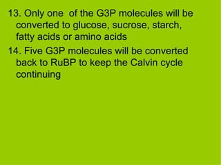 13. Only one  of the G3P molecules will be converted to glucose, sucrose, starch, fatty acids or amino acids 14. Five G3P molecules will be converted back to RuBP to keep the Calvin cycle continuing 