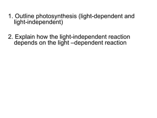 1. Outline photosynthesis (light-dependent and light-independent) 2. Explain how the light-independent reaction depends on the light –dependent reaction 