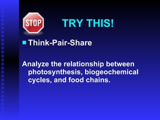 TRY THIS! Think-Pair-Share Analyze the relationship between photosynthesis, biogeochemical cycles, and food chains. 