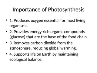 Importance of Photosynthesis
• 1. Produces oxygen essential for most living
organisms.
• 2. Provides energy-rich organic compounds
(glucose) that are the base of the food chain.
• 3. Removes carbon dioxide from the
atmosphere, reducing global warming.
• 4. Supports life on Earth by maintaining
ecological balance.
 