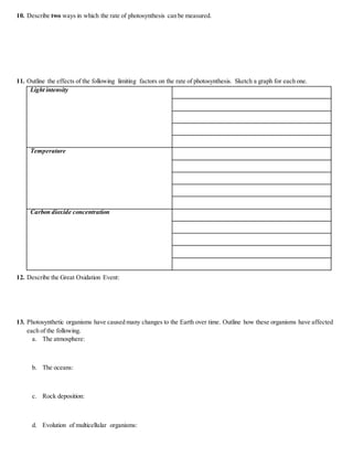 10. Describe two ways in which the rate of photosynthesis can be measured.
11. Outline the effects of the following limiting factors on the rate of photosynthesis. Sketch a graph for each one.
Light intensity
Temperature
Carbon dioxide concentration
12. Describe the Great Oxidation Event:
13. Photosynthetic organisms have caused many changes to the Earth over time. Outline how these organisms have affected
each of the following.
a. The atmosphere:
b. The oceans:
c. Rock deposition:
d. Evolution of multicellular organisms:
 