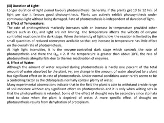 (iii) Duration of Light:
Longer duration of light period favours photosynthesis. Generally, if the plants get 10 to 12 hrs. of
light per day it favours good photosynthesis. Plants can actively exhibit photosynthesis under
continuous light without being damaged. Rate of photosynthesis is independent of duration of light.
3. Effect of Temperature:
The rate of photosynthesis markedly increases with an increase in temperature provided other
factors such as CO2 and light are not limiting. The temperature affects the velocity of enzyme
controlled reactions in the dark stage. When the intensity of light is low, the reaction is limited by the
small quantities of reduced coenzymes available so that any increase in temperature has little effect
on the overall rate of photosynthesis.
At high light intensities, it is the enzyme-controlled dark stage which controls the rate of
photosynthesis and there the Q10 = 2. If the temperature is greater than about 30°C, the rate of
photosynthesis abruptly falls due to thermal inactivation of enzymes.
4. Effect of Water:
Although the amount of water required during photosynthesis is hardly one percent of the total
amount of water absorbed by the plant, yet any change in the amount of water absorbed by a plant
has significant effect on its rate of photosynthesis. Under normal conditions water rarely seems to be
a controlling factor as the chloroplasts normally contain plenty of water.
Many experimental observations indicate that in the field the plant is able to withstand a wide range
of soil moisture without any significant effect on photosynthesis and it is only when wilting sets in
that the photosynthesis is retarded. Some of the effect of drought may be secondary since stomata
tend to close when the plant is deprived of water. A more specific effect of drought on
photosynthesis results from dehydration of protoplasm.
 