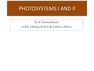 PHOTOSYSTEMS I AND II
Dr. K. Kannathasan
A.P.A. College of Arts & Culture, Palani
 