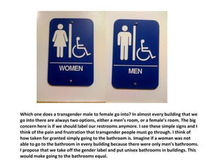Which one does a transgender male to female go into? In almost every building that we go into there are always two options, either a men’s room, or a female’s room. The big concern here is if we should label our restrooms anymore. I see these simple signs and I think of the pain and frustration that transgender people must go through. I think of how taken for granted simply going to the bathroom is. Imagine if a woman was not able to go to the bathroom in every building because there were only men’s bathrooms. I propose that we take off the gender label and put unisex bathrooms in buildings. This would make going to the bathrooms equal.  