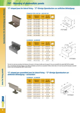 FVT - Mounting of photovoltaic panels
                                                                  “Z”-shaped jaws for lateral fixing - "Z"-förmige Spannbacken zur seitlichen Befestigung
                    Spannbacken für die Befestigung von Modulen



                                                                                                               STAINLESS STEEL AISI 304 - INOX AISI 304
                                                                                                                    Code          Reference                   Th. mm
                                                                                                                                                   A mm
                                                                                                                    Code          Referenz                   Stärke mm

                                                                                                                 FVT1040        FVS-Z33-INOX         33         34          50
                                                                                                                                                                                                       11
                                                                                                                 FVT1045        FVS-Z34-INOX         34         35          50                                                     A
                                                                                                                 FVT1050        FVS-Z35-INOX         35         36          50
                                                                                                                 FVT1055        FVS-Z37-INOX         37         38          50
                                                                                                                 FVT1060        FVS-Z39-INOX         39         40          50                         60
                                                                                                                                                                                                                            22
                                                                                                                 FVT1065        FVS-Z41-INOX         41         42          50
                                                                                                                 FVT1066        FVS-Z43-INOX         43         44          50                   FVT1040
                                                                                                                 FVT1070        FVS-Z45-INOX         45         46          50
                                                                                                                 FVT1075        FVS-Z47-INOX         47         48          50
                                                                                                                 FVT1080        FVS-Z49-INOX         49         50          50


                                                                                                               ALUMINIUM - ALUMINIUM
                                                                                                                    Code          Reference                   Th. mm                                                  28
                                                                                                                                                   A mm
                                                                                                                    Code          Referenz                   Stärke mm                                                             11

                                                                                                                 FVT3031        FVS-Z-31-ALU         31      29-30-31       50
                                                                                                                                                                                                      9
                                                                                                                 FVT3034        FVS-Z-34-ALU         34      32-33-34       50
                                                                                                                 FVT3036        FVS-Z-36-ALU         36       35-36         50                                                         A
                                                                                                                 FVT3039        FVS-Z-39-ALU         39      37-38-39       50
                                                                                                                 FVT3041        FVS-Z-41-ALU         41       40-41         50
                                                                                                                 FVT3044        FVS-Z-44-ALU         44      42-43-44       50
                                                                                                                                                                                                    60
                                                                                                                 FVT3046        FVS-Z-46-ALU         46       45-46         50
                                                                                                                 FVT3049        FVS-Z-49-ALU         49      47-48-49       50                                        FVT3051
                                                                                                                 FVT3051        FVS-Z-51-ALU         51       50-51         50


                                                                  The nuts to be used vary according to the thickness of the panel or of the type of profile used. See page 22. If you use screws M10, the washer MUST NOT be installed
                                                                  Die zu verwendenden Schrauben hängen von der Stärke des Modules und der Art der verwendeten Profile ab. Siehe Seite 22. Für den Fall, dass M10 Schrauben verwendet
                                                                  werden, muss die Unterlegscheibe NICHT montiert werden.
Jaws for fixing panels




                                                                  “Z”-shaped pre-assembled jaws for lateral fixing - "Z"-förmige Spannbacken zur
                                                                  seitlichen Befestigung – vormontiert
                                                                                                               ALUMINIUM - ALUMINIUM
                                                                                                                    Code          Reference                   Th. mm
                                                                                                                                                   A mm
                                                                                                                    Code          Referenz                   Stärke mm

                                                                                                                 FVT4031       FVS-ZP-31-ALU         31      29-30-31       20                            60
                                                                                                                 FVT4034       FVS-ZP-34-ALU         34      32-33-34       20
                                                                                                                 FVT4036       FVS-ZP-36-ALU         36       35-36         20
                                                                                                                 FVT4039       FVS-ZP-39-ALU         39      37-38-39       20                                                 A
                                                                                                                 FVT4041       FVS-ZP-41-ALU         41       40-41         20
                                                                                                                 FVT4044       FVS-ZP-44-ALU         44      42-43-44       20
                                                                                                                 FVT4046       FVS-ZP-46-ALU         46       45-46         20
                                                                                                                                                                                                                  FVT4031
                                                                                                                 FVT4049       FVS-ZP-49-ALU         49      47-48-49       20
                                                                                                                 FVT4051       FVS-ZP-51-ALU         51       50-51         20




      8
 