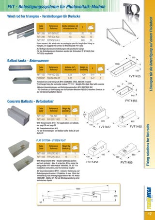 FVT - Befestigungssysteme für Photovoltaik-Module
Wind rod for triangles - Verstrebungen für Dreiecke




                                                                                                                                                                                 Lösungen für die Befestigung auf einem Flachdach
                      Code           Reference        Center distance mt
                                                                                  F
                      Code           Referenz          Achsabstand mt

                    FVT1285         FVT-SCV-ZC                 1,5               ZC          10
                    FVT1286        FVT-SCV-ALU                 1,5               ALU         10
                    FVT1287       FVTSCV-S-ALU                  1                ALU         10
                                                                                                                                    I
                    Upon request, Alu wind rods according to specific length For fixing to
                    triangles, we suggest the screws TE M10x20 (code FVT1325)
                    Auf Anfrage Aluminiumverstrebungen mit spezifischer Länge
                    Für die Befestigung von Dreiecken werden die Schrauben TE M10x20 (Cod.
                    FVT1325) empfohlen
                                                                                                                                        350
Ballast tanks - Betonwannen
                                                                                                                    1300
                                                                      3
                      Code           Reference            Volume (m )         Weight Kg
                                                                                               F
                      Code           Referenz            Volumen (m³)         Gewicht kg                                                      150
                    FVT1455 FVV-VSC-SDZ                        0,06              120         S+V          1
                                                                                                                                  FVT1455
                    FVT1456* FVV-VSC-SDZ-OR                    0,03              60          S+V          1
                    Threaded bars and fixing nuts M10 STAINLESS STEEL AISI 304 included
                    *For triangle fixing the horizontal module FVT1512 - Weight of the tank filled with concrete                  350
                    Inklusive Gewindestangen und Befestigungsmuttern M10 INOX AISI 304                                700
                    * Für Dreiecke zur Befestigung von horizontalen Modulen FVT1512 Relatives Gewicht zu
                    der mit Zement gefüllten Wanne
                                                                                                                                    140


Concrete Ballasts - Betonballast                                                                                              FVT1456

                      Code           Reference        Weight Kg
                      Code           Referenz         Gewicht kg
                                                                                  200
                    FVT1457          FVV-ZVC              40           1
                    FVT1465       FVV-ZVC-1002            14           1
                                                                                                              465                   495
                    With thread inserts M10 - For applications on ballasts,
                                                                                           195




                                                                                                                                                    Fixing solutions for flat roofs
                    see page 28 and page 29
                                                                                                        FVT1457             120    FVT1465
                    Mit Gewindeeinsätzen M10
                    Für die Anwendungen von Ballast siehe Seite 28 und
                    Seite 29


                    FLAT SYSTEM - SYSTEM FLAT

                      Code           Reference        Weight Kg
                      Code           Referenz         Gewicht kg

                    FVT1458       FVV-ZVC-30-1            33           1                                      480                       480
                    FVT1459       FVV-ZVC-30-2            18           1               190                           190
                    With thread inserts M10 - Bracket and fixing screws
                    and nuts included - Max. H projection 30 cm using the              FVT1458                              FVT1459
                    fixing profile H 41 with module 1660x990, TH. 50 - For
                    installation instructions, see the technical chapter
                    Mit Gewindeeinsätzen M10 - Inklusive Halterung und
                    Befestigungsschrauben - Projektion H max. 30cm bei
                    Verwendung von Befestigungsprofilen H 41 mit Modul
                    1660x990 - Stärke 50 - Für die Montageanleitung siehe
                    technisches Kapitel


                                                                          1660


                                                                                                                    295


                       50




                                                                                                                                                                   17
 