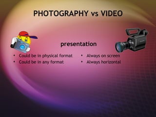 PHOTOGRAPHY  vs VIDEO Could be in physical format Could be in any format Always on screen Always horizontal presentation 