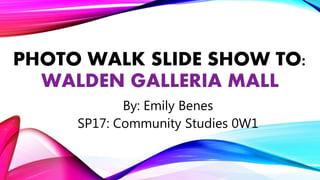 PHOTO WALK SLIDE SHOW TO:
WALDEN GALLERIA MALL
By: Emily Benes
SP17: Community Studies 0W1
 