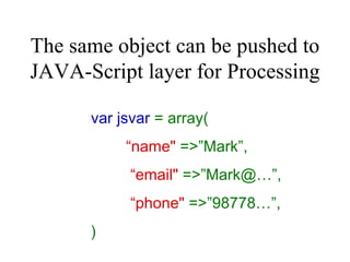 The same object can be pushed to JAVA-Script layer for Processing var jsvar  = array( “ name"  =>”Mark”,   “ email"  =>”Mark@…”,   “ phone"  =>”98778…”, ) 