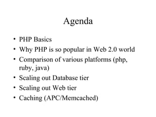 Agenda PHP Basics Why PHP is so popular in Web 2.0 world Comparison of various platforms (php, ruby, java) Scaling out Database tier Scaling out Web tier Caching (APC/Memcached) 