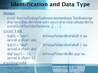 Identification and Data Type
Arrays
อาเรย์ คือการเก็บข้อมูลในลักษณะของชุดข้อมูล โดยที่แต่ละชุด
สามารถจะมีสมาชิกได้หลายตัว และเราสามารถอ้างถึงสมาชิกใน
อาเรย์นั้นได้โดยใช้เครื่องหมาย _[ . . .] 
อาเรย์ 1 มิติ
$a[0] = "abc"; #กำาหนดให้สมาชิกลำาดับที่ 0 ขอ
งอาเรย์ a เก็บค่า abc
$a[1] = "def"; #กำาหนดให้สมาชิกลำาดับที่ 1 ขอ
งอาเรย์ a เก็บค่า def
$b["asp"] = 13; #กำาหนดให้สมาชิกชื่อ asp ขอ
งอาเรย์ b เก็บค่า 13
อาเรย์หลายมิติ
$a[1][0] = $f; #อาเรย์แบบ 2 มิติ
 