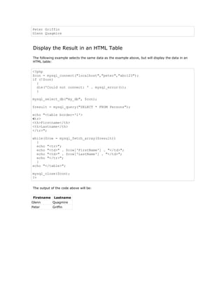 Peter Griffin
Glenn Quagmire



Display the Result in an HTML Table
The following example selects the same data as the example above, but will display the data in an
HTML table:


<?php
$con = mysql_connect("localhost","peter","abc123");
if (!$con)
  {
  die('Could not connect: ' . mysql_error());
  }

mysql_select_db("my_db", $con);

$result = mysql_query("SELECT * FROM Persons");

echo "<table border='1'>
<tr>
<th>Firstname</th>
<th>Lastname</th>
</tr>";

while($row = mysql_fetch_array($result))
  {
  echo "<tr>";
  echo "<td>" . $row['FirstName'] . "</td>";
  echo "<td>" . $row['LastName'] . "</td>";
  echo "</tr>";
  }
echo "</table>";

mysql_close($con);
?>


The output of the code above will be:


Firstname    Lastname
Glenn       Quagmire
Peter       Griffin
 