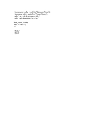 $compname=odbc_result($rs,"CompanyName");
 $conname=odbc_result($rs,"ContactName");
 echo "<tr><td>$compname</td>";
 echo "<td>$conname</td></tr>";
 }
odbc_close($conn);
echo "</table>";
?>

</body>
</html>
 