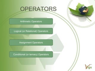 OPERATORS
Arithmetic Operators

Logical (or Relational) Operators

Assignment Operators

Conditional (or ternary) Operators

 