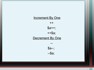 Increment By One ++ $a++; ++$a; Decrement By One -- $a--; --$a; 