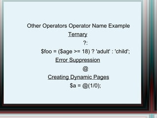 Other Operators Operator Name Example Ternary   ?: $foo = ($age >= 18) ? 'adult' : 'child'; Error Suppression   @ Creating Dynamic Pages $a = @(1/0); 