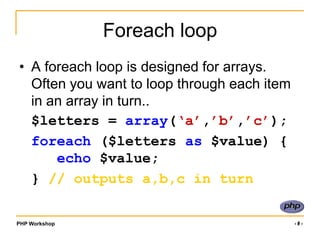 For loop<br />Sometimes we want to loop around the same bit of code a number of times.. Use a for loop.<br />for (expr1; e...
