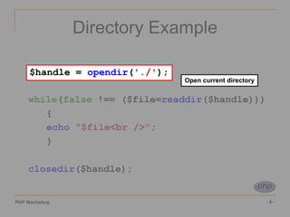 Data Writing Example<br />		$handle = fopen('people.txt', 'a');<br />fwrite($handle, “Fred:Male”);<br />fclose($handle);<b...