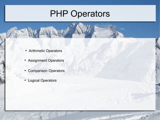 PHP Operators Arithmetic Operators Assignment Operators Comparison Operators Logical Operators 