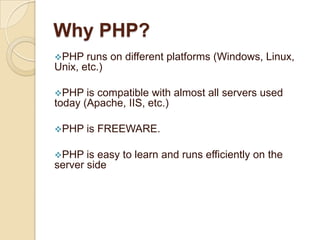 PHP supports many databases (MySQL, Informix, Oracle, Sybase, Solid, PostgreSQL, Generic ODBC, etc.)