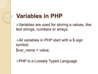 PHP is free to download and useWhat is a PHP File?PHP files can contain text, HTML tags and scripts