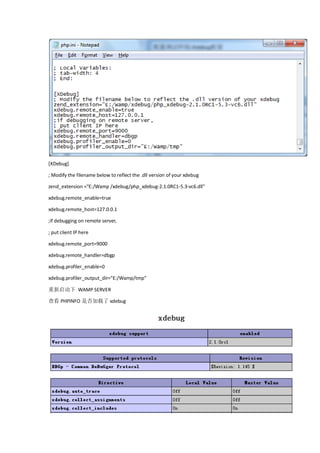 [XDebug]

; Modify the filename below to reflect the .dll version of your xdebug

zend_extension ="E:/Wamp /xdebug/php_xdebug-2.1.0RC1-5.3-vc6.dll"

xdebug.remote_enable=true

xdebug.remote_host=127.0.0.1

;if debugging on remote server,

; put client IP here

xdebug.remote_port=9000

xdebug.remote_handler=dbgp

xdebug.profiler_enable=0

xdebug.profiler_output_dir="E:/Wamp/tmp"

重新启动下 WAMP SERVER

查看 PHPINFO 是否加载了 xdebug
 