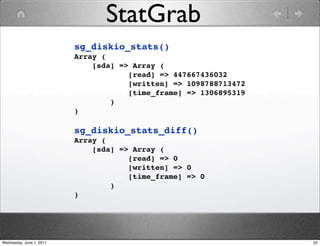 StatGrab
                          sg_diskio_stats()
                          Array (
                              [sda] => Array (
                                      [read] => 447667436032
                                      [written] => 1098788713472
                                      [time_frame] => 1306895319
                                  )
                          )

                          sg_diskio_stats_diff()
                          Array (
                              [sda] => Array (
                                      [read] => 0
                                      [written] => 0
                                      [time_frame] => 0
                                  )
                          )




Wednesday, June 1, 2011                                            22
 