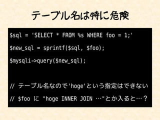 テーブル名は特に危険
$sql = 'SELECT * FROM %s WHERE foo = 1;'

$new_sql = sprintf($sql, $foo);

$mysqli->query($new_sql);



// テーブル名なので'hoge'という指定はできない

// $foo に "hoge INNER JOIN …"とか入ると…？
 