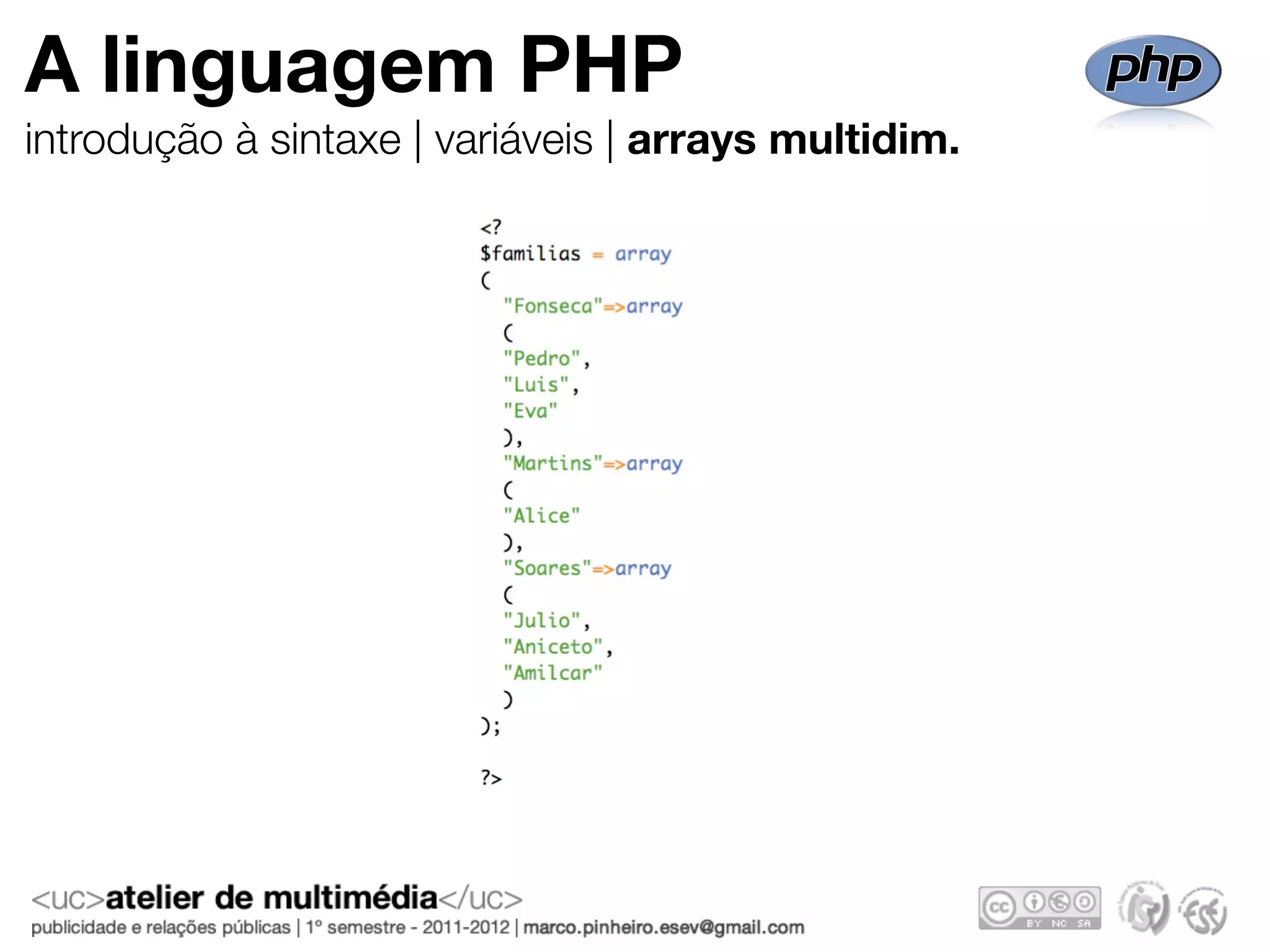 A linguagem PHP
introdução à sintaxe | variáveis | arrays multidim.
 