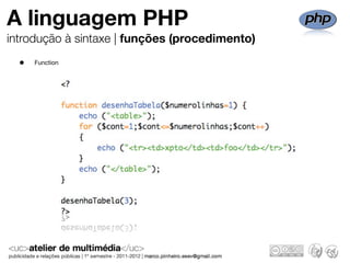 A linguagem PHP
introdução à sintaxe | funções (procedimento)
  •   Function
 