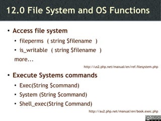 12.0 File System and OS Functions Access file system fileperms  ( string $filename  ) is_writable  ( string $filename  ) more... http://us2.php.net/manual/en/ref.filesystem.php Execute Systems commands  Exec(String $command) System (String $command) Shell_exec(String Command) http://au2.php.net/manual/en/book.exec.php 
