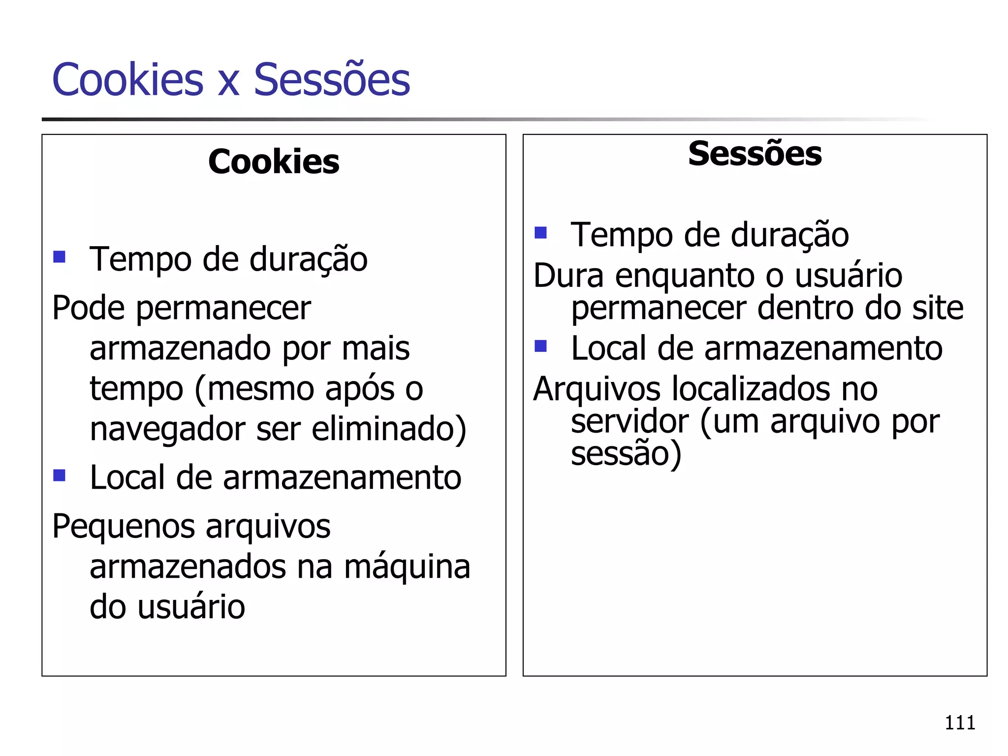 Cookies x Sessões
         Cookies                      Sessões

                              Tempo de duração
 Tempo de duração           Dura enquanto o usuário
Pode permanecer                permanecer dentro do site
  armazenado por mais         Local de armazenamento

  tempo (mesmo após o        Arquivos localizados no
  navegador ser eliminado)     servidor (um arquivo por
                               sessão)
 Local de armazenamento

Pequenos arquivos
  armazenados na máquina
  do usuário


                                                      111
 
