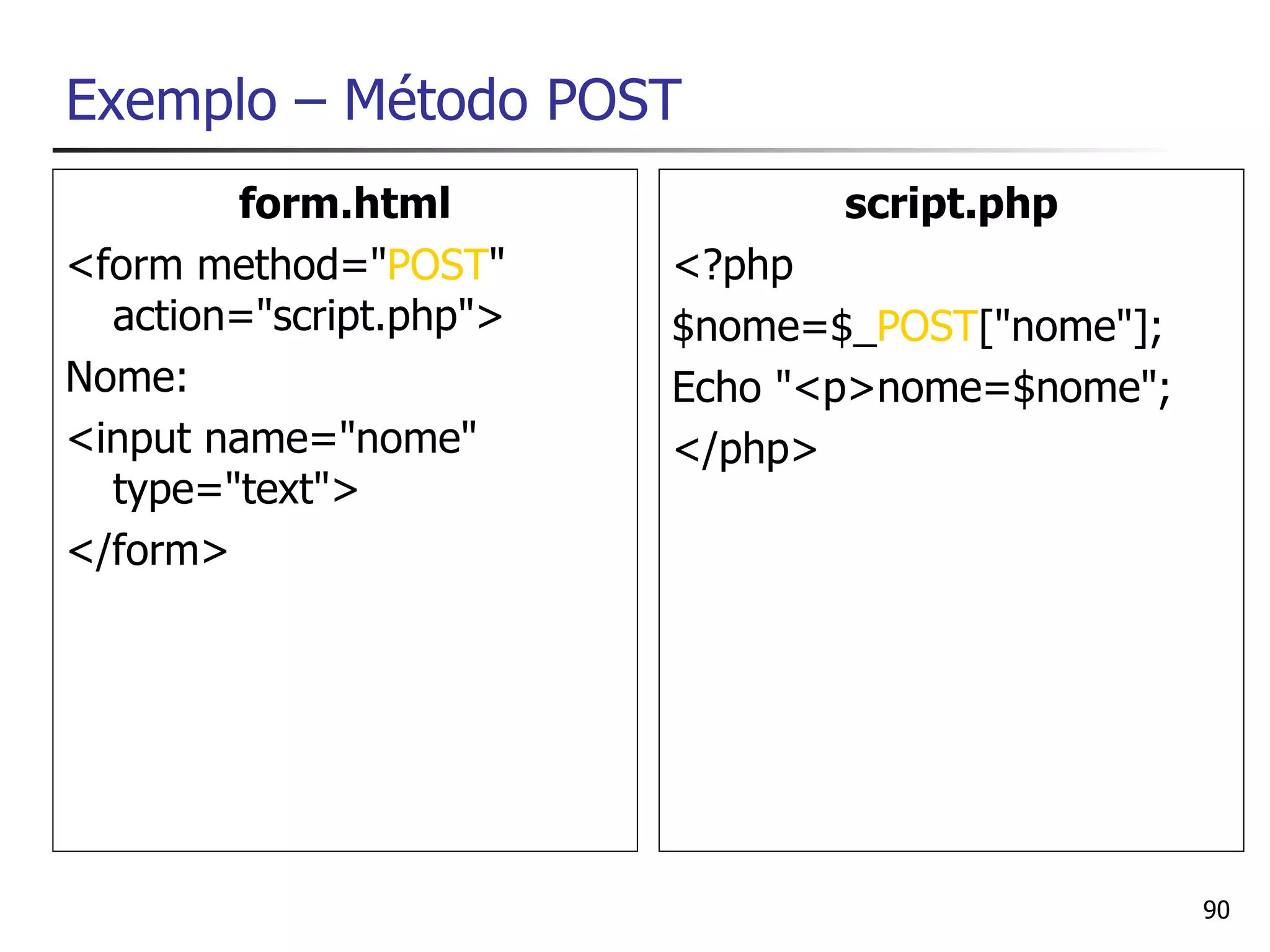 Exemplo – Método POST
        form.html               script.php
<form method="POST"      <?php
  action="script.php">   $nome=$_POST["nome"];
Nome:                    Echo "<p>nome=$nome";
<input name="nome"       </php>
  type="text">
</form>




                                                 90
 