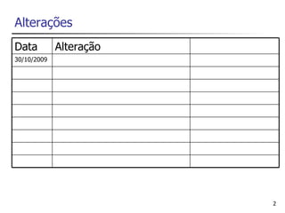Alterações
Data         Alteração
30/10/2009




                         2
 